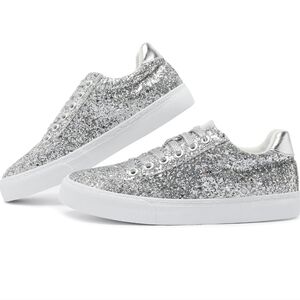 Silver Glitter Low-Top Sneakers for Women - Casual Sparkle